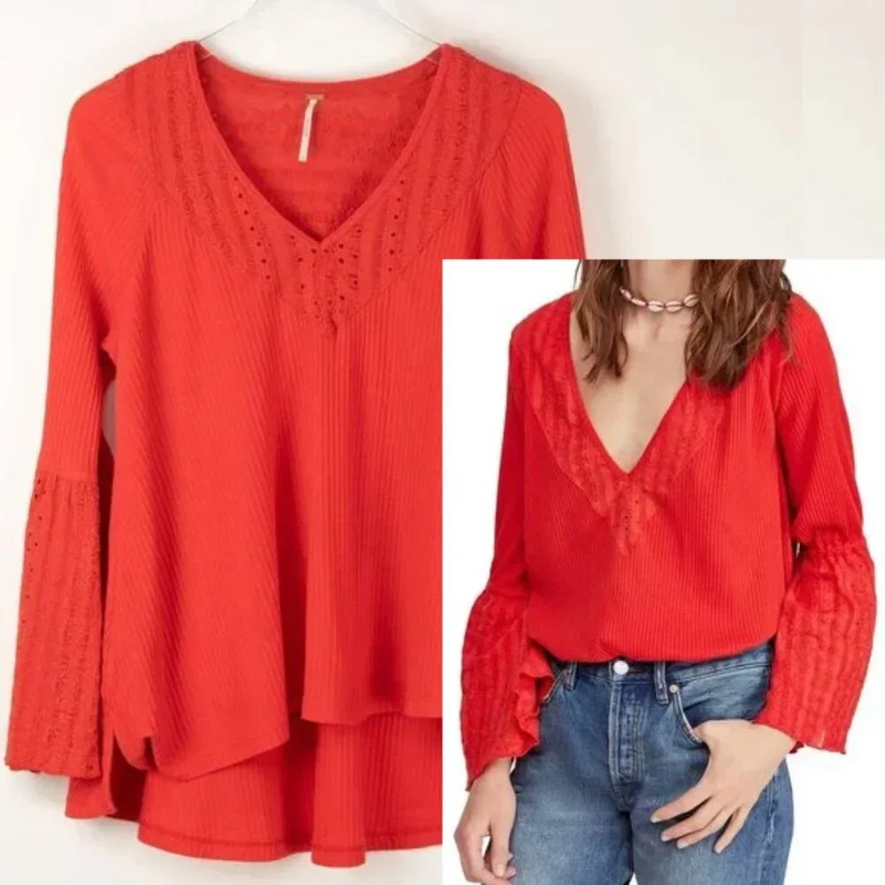 Free People Parisian Nights Blouse Eyelet Bell Sleeve Top Orange Red Size Small